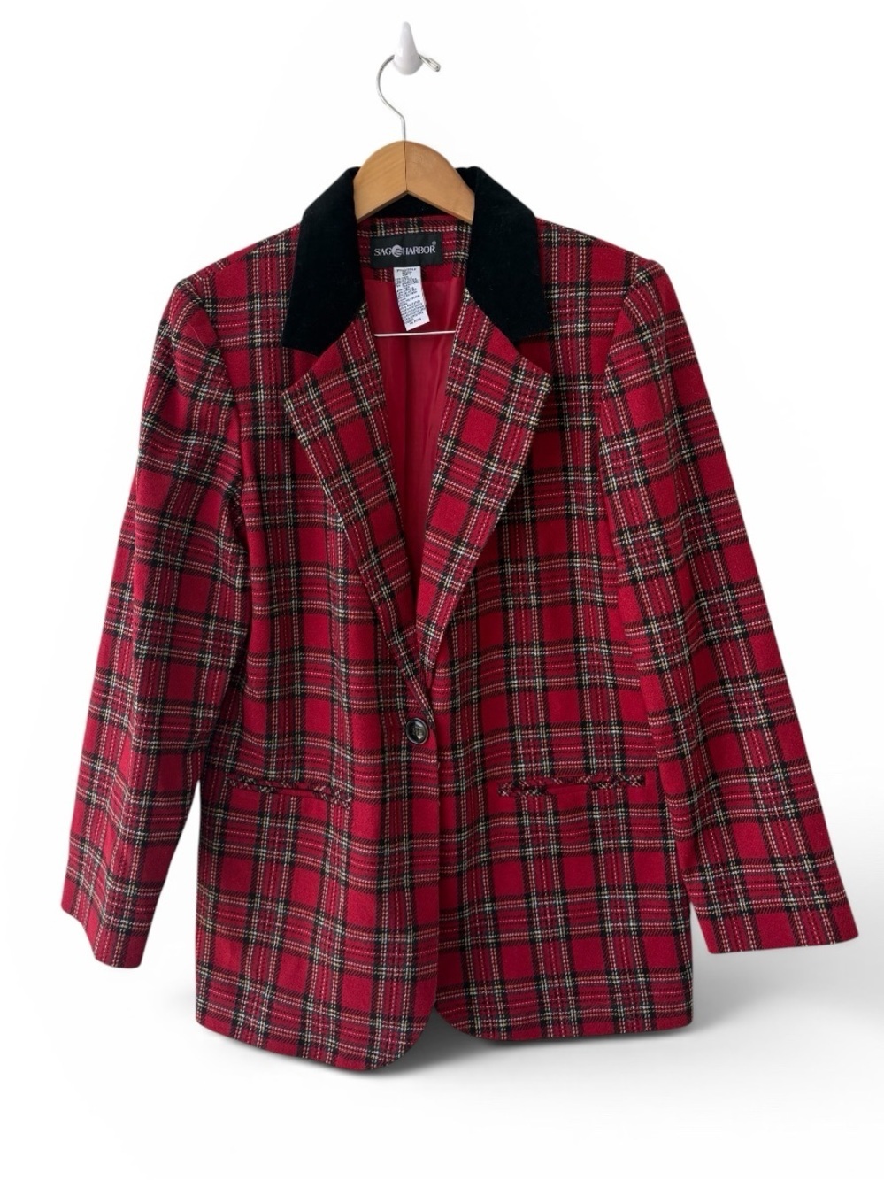 Vintage Sag Harbor Red Plaid Wool Blend Blazer Jacket Velvet Collar Size 8